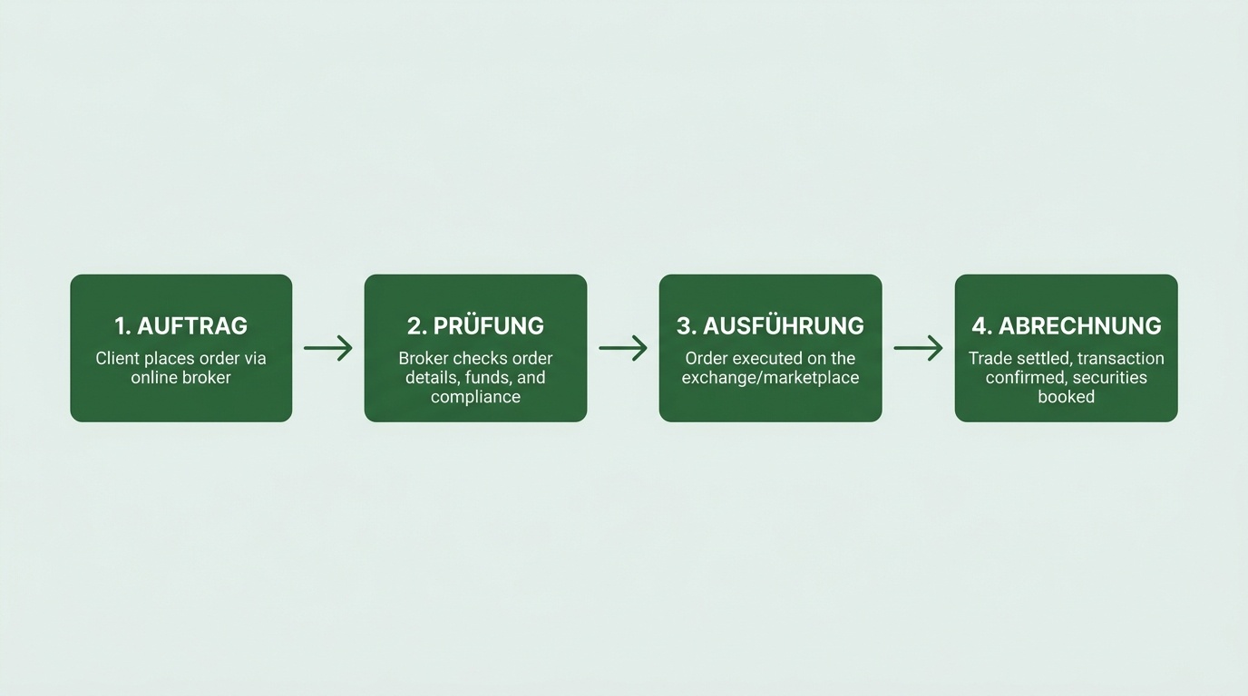 Schematische, ruhige Darstellung eines Order-Ablaufs von der Eingabe über die Prüfung bis zur Ausführung, in gedeckten Mint- und Waldgrüntönen.