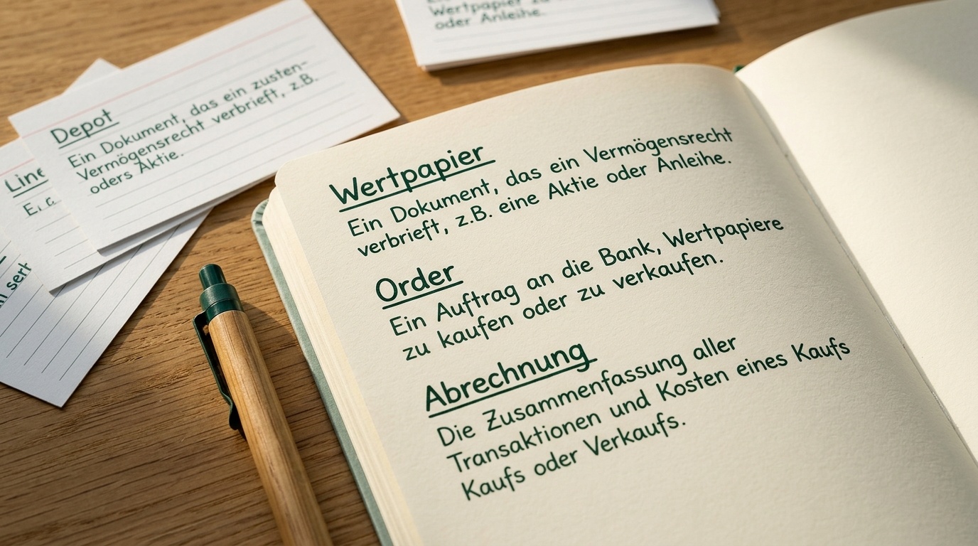 Aufgeschlagenes Glossar-Notizbuch mit handschriftlichen Depot-Grundbegriffen wie Wertpapier, Order und Abrechnung in ruhigen Mint- und Waldgrüntönen.