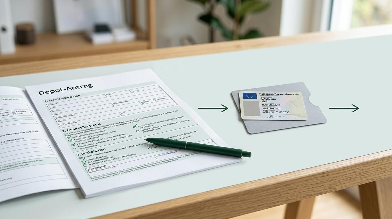 Übersichtliche Darstellung der Schritte beim Eröffnen eines Depots, mit Ausweisdokument, Formular und Häkchen in ruhigen Mint- und Waldgrüntönen.