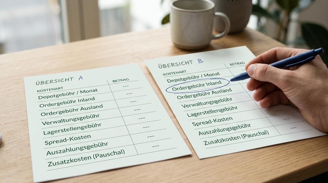 Zwei nebeneinander gelegte Preisverzeichnisse und Kostenaufstellungen mit handschriftlichen Notizen für einen ruhigen Vergleich, in beruhigenden Mint- und Waldgrüntönen.