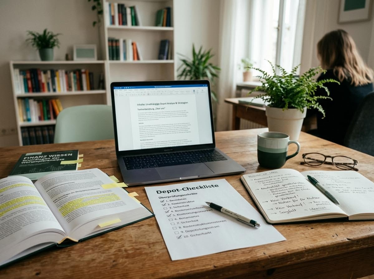 Ruhiger Arbeitsplatz mit einer ausgedruckten Depot-Checkliste, Notizen und einem Laptop in gedämpften Mintgrün- und Waldgrüntönen.