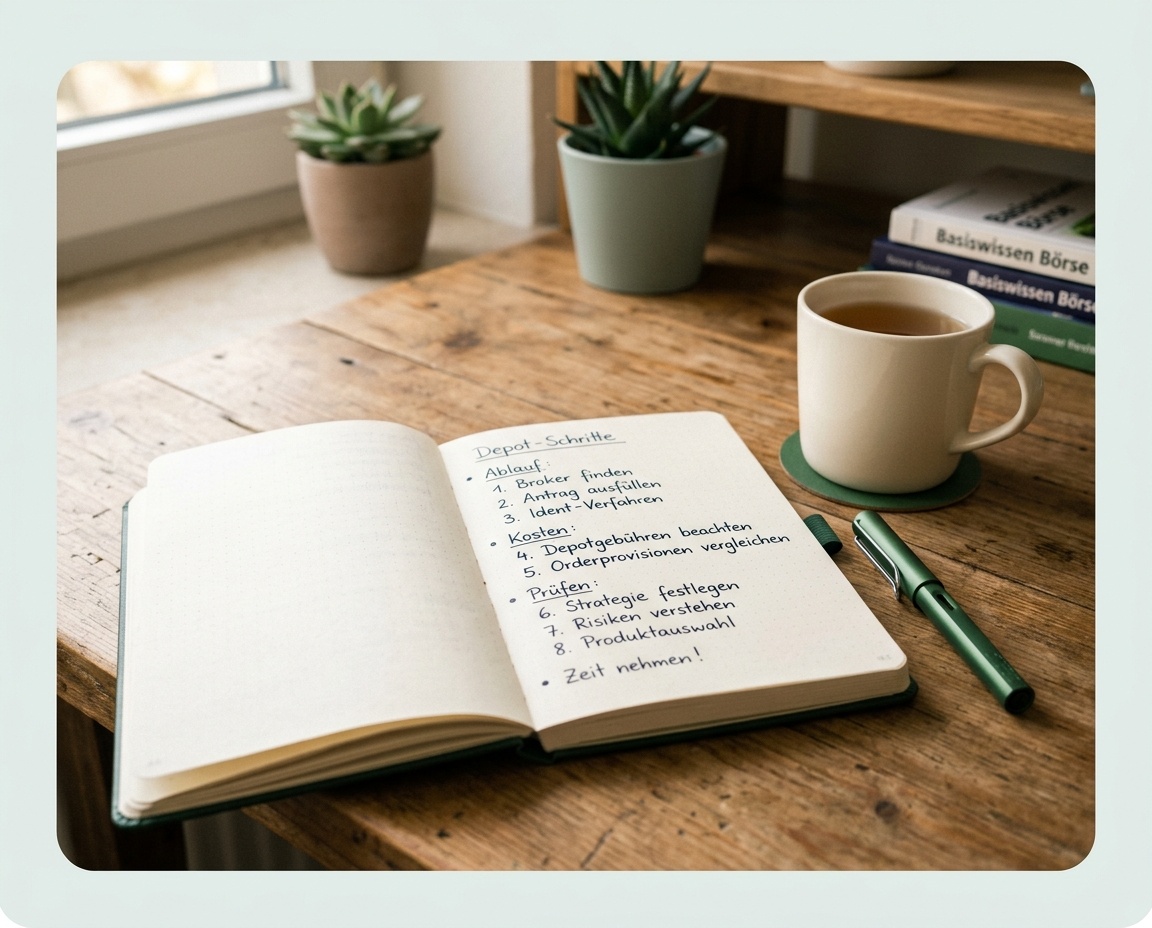 Aufgeschlagenes Notizbuch mit handschriftlichen Notizen zu Depot-Schritten neben einer Tasse, in ruhigen Mint- und Waldgrüntönen fotografiert.