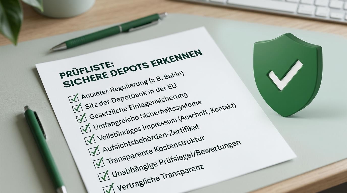 Ausgedruckte Prüfliste mit Häkchen und einem Schild-Symbol zur Sicherheitsbewertung in ruhigen Mint- und Waldgrüntönen.